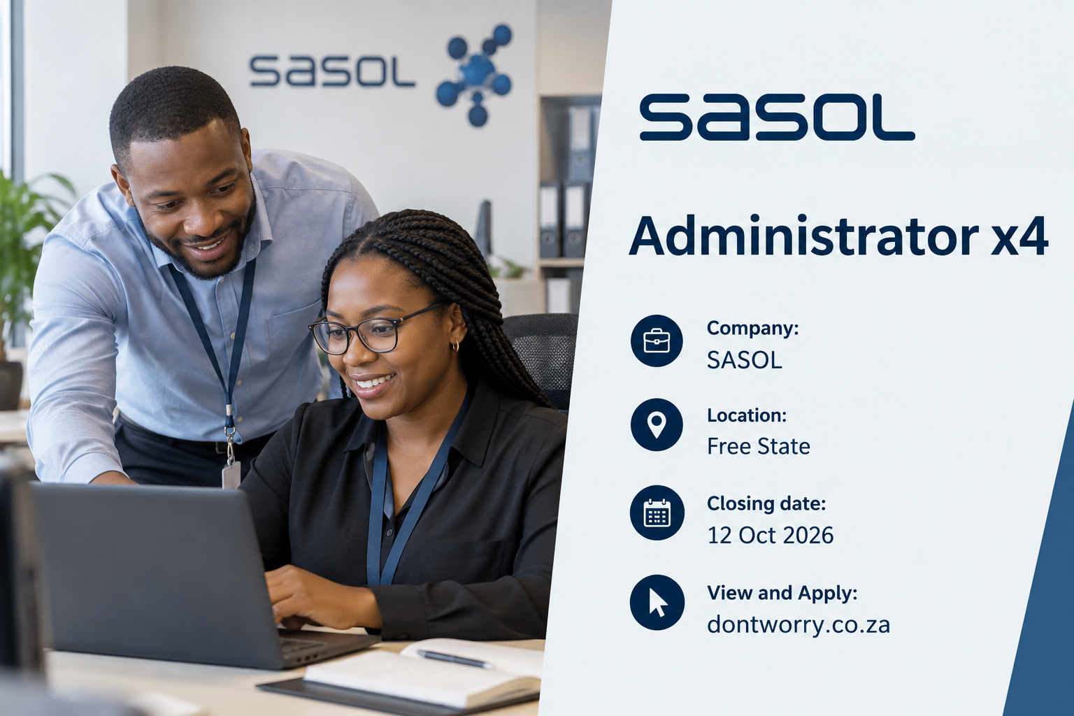Office administrator assisting team members at Sasol