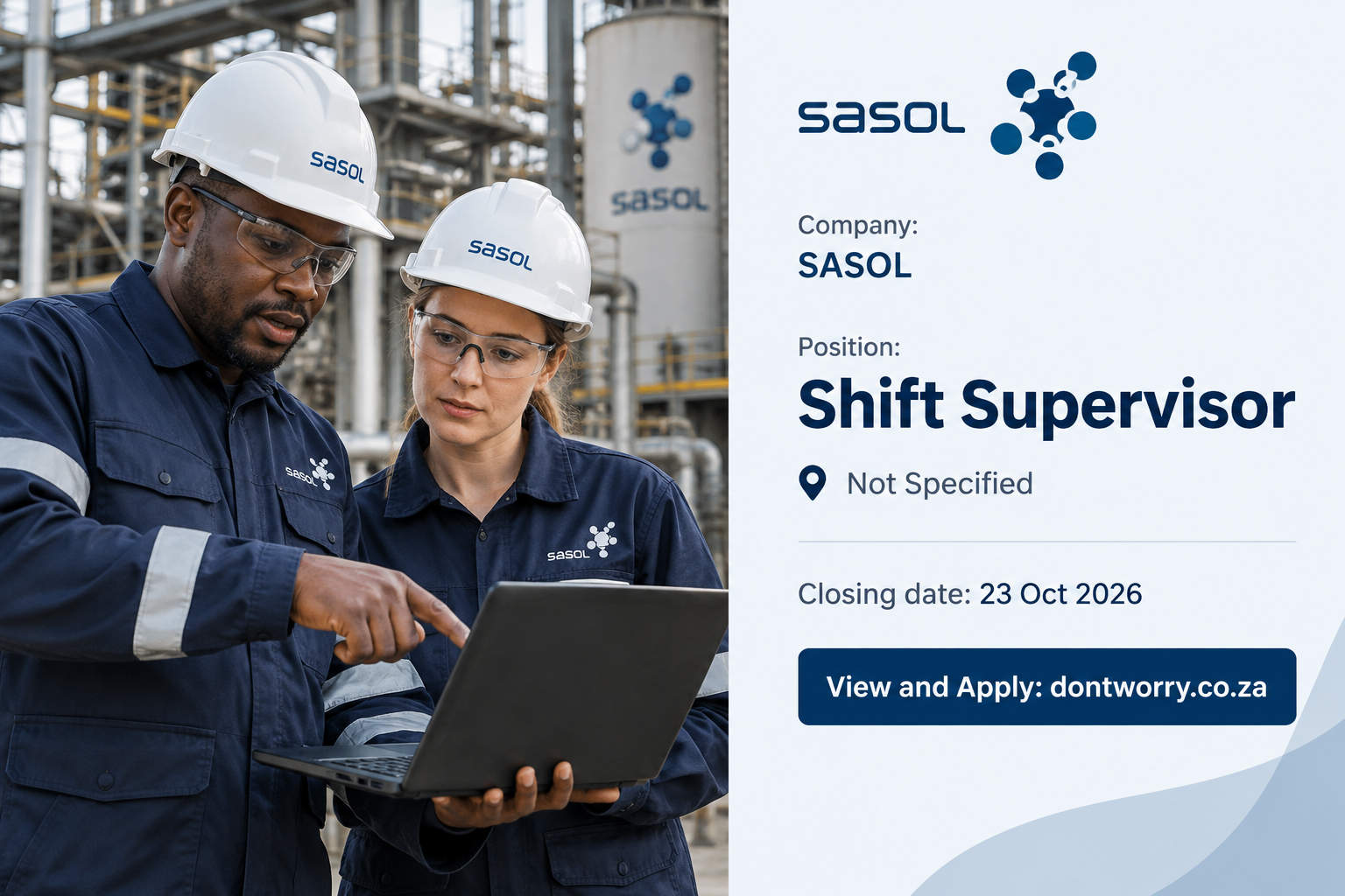 Shift Supervisor role at Sasol in a manufacturing environment