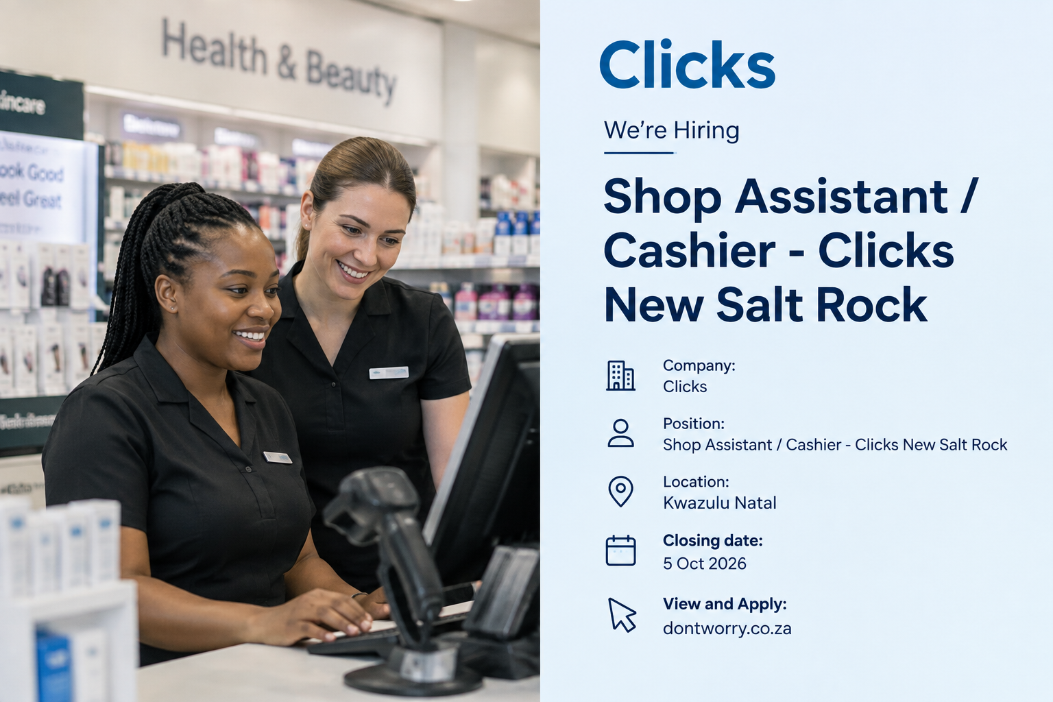 Friendly cashier assisting a customer at Clicks New Salt Rock